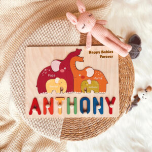 Personalized Wooden Baby Name Puzzle - Family Elephants